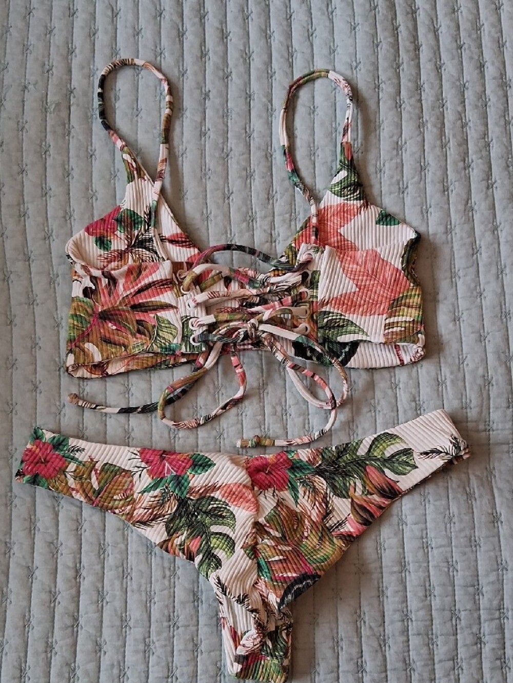 Boys + Arrows Tropical Floral Bikini in Cream, Coral and Green - Picture 2 of 11